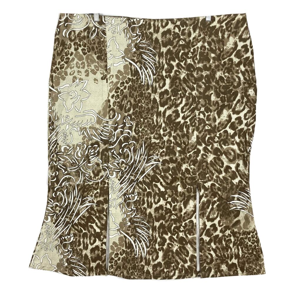 NWOT ERICA BROOKE Skirt 30 Brown Animal Slit-Front Flounce Stretch Cotton Zip